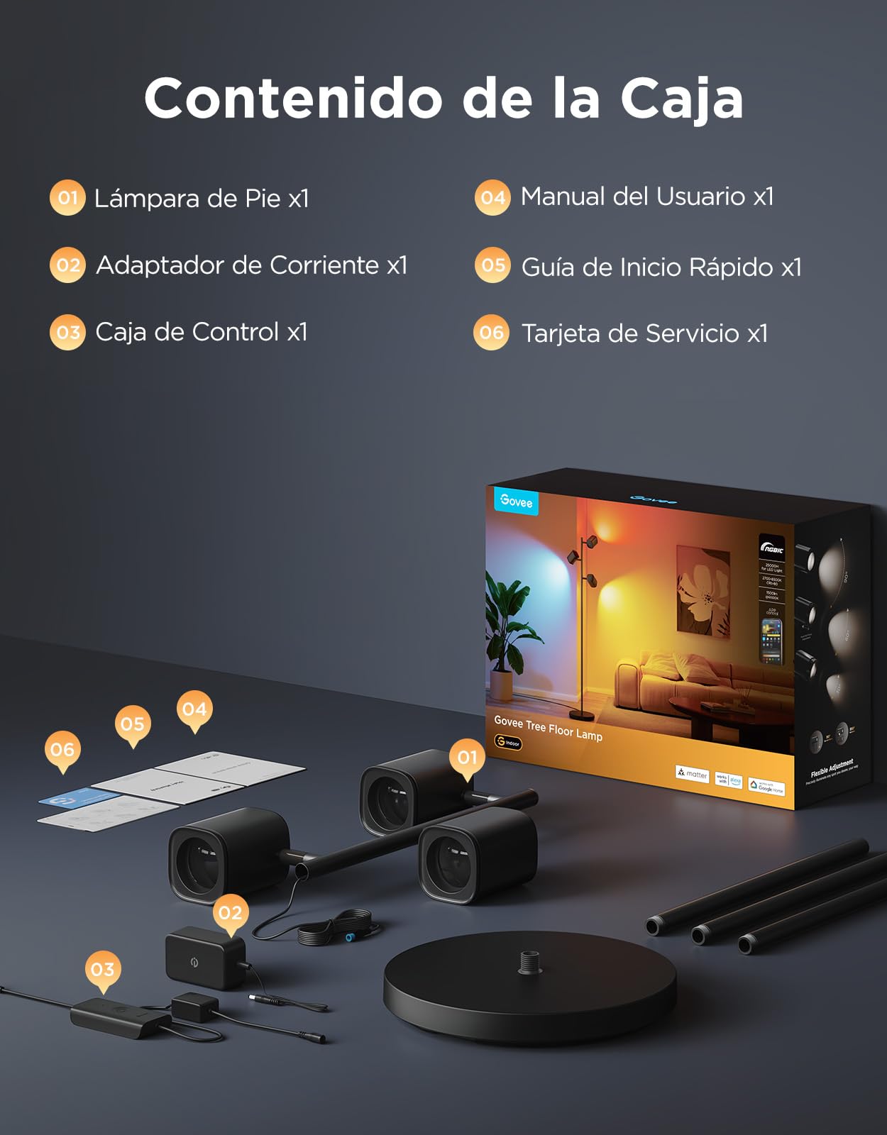 Govee LED Lámpara de Pie RGBWW, Ángulo Ajustable Lámpara Pie 1500 lm, Compatible con Matter Alexa, 64+ Escenas, Sinc Musica, 157 cm Lampara Negro para Sala de Estar, Dormitorio y Sala de Lectura. | 2700-6500K, Matter Alexa Compatible, 64+ Escenas, Sinc Mu