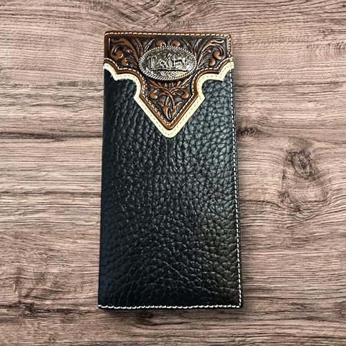 Long Leather Wallet – Cowboy Praying Concho – Tooled Floral Inlay – Bi-Fold Rodeo Wallet for Men – Western Leather Wallet2
