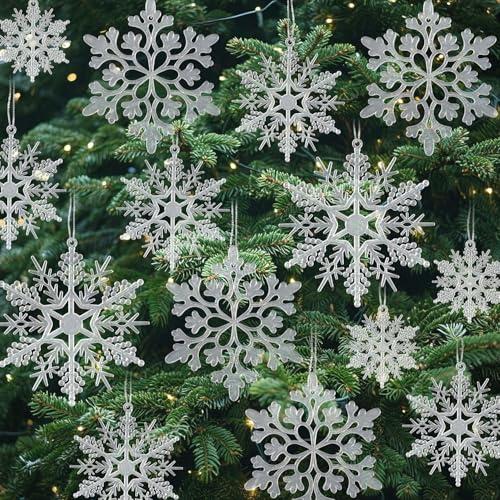 18 Adornos Colgantes de Copo de Nieve de Navidad de plástico con Purpurina para decoración de árbol de Navidad de Invierno, tamaño varía, Copos de Nieve