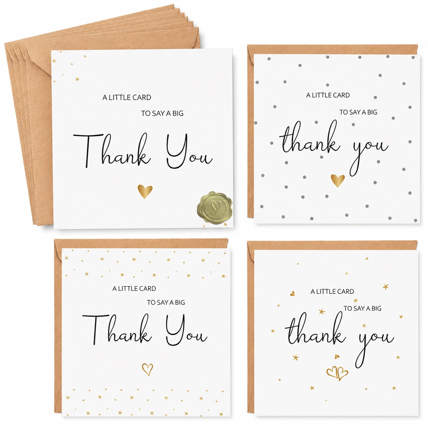 Tayenura 20 Pack Thank You Cards with Envelopes, 4 Gold Print Heart & Star Designs 300gsm Blank Thank You Cards Multipack, Bulk Thank You Notes for Wedding, Teacher, Small Business, 145x145mm