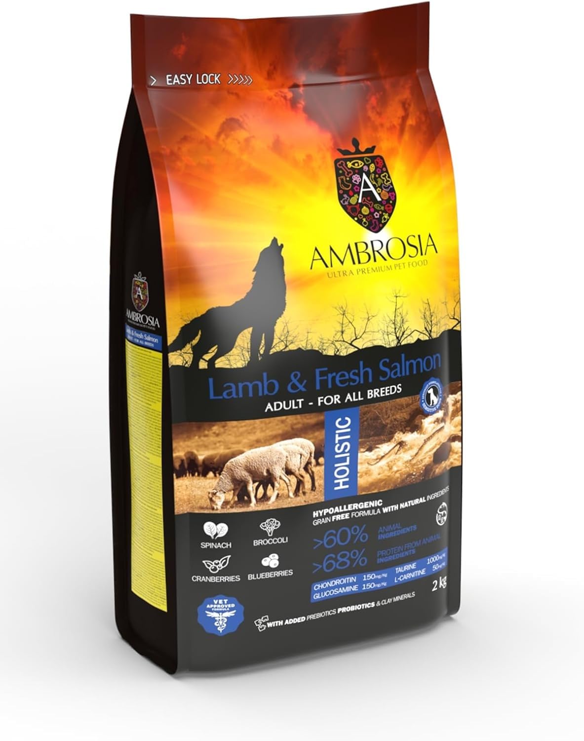 Alimentos secos para perros de Ambrosia Ultra Premium Pet Food: 2kg de comida para perros sin granos, comida para perros con alta proteína, comida hipoalergénica para perros, cordero y salmón fresco