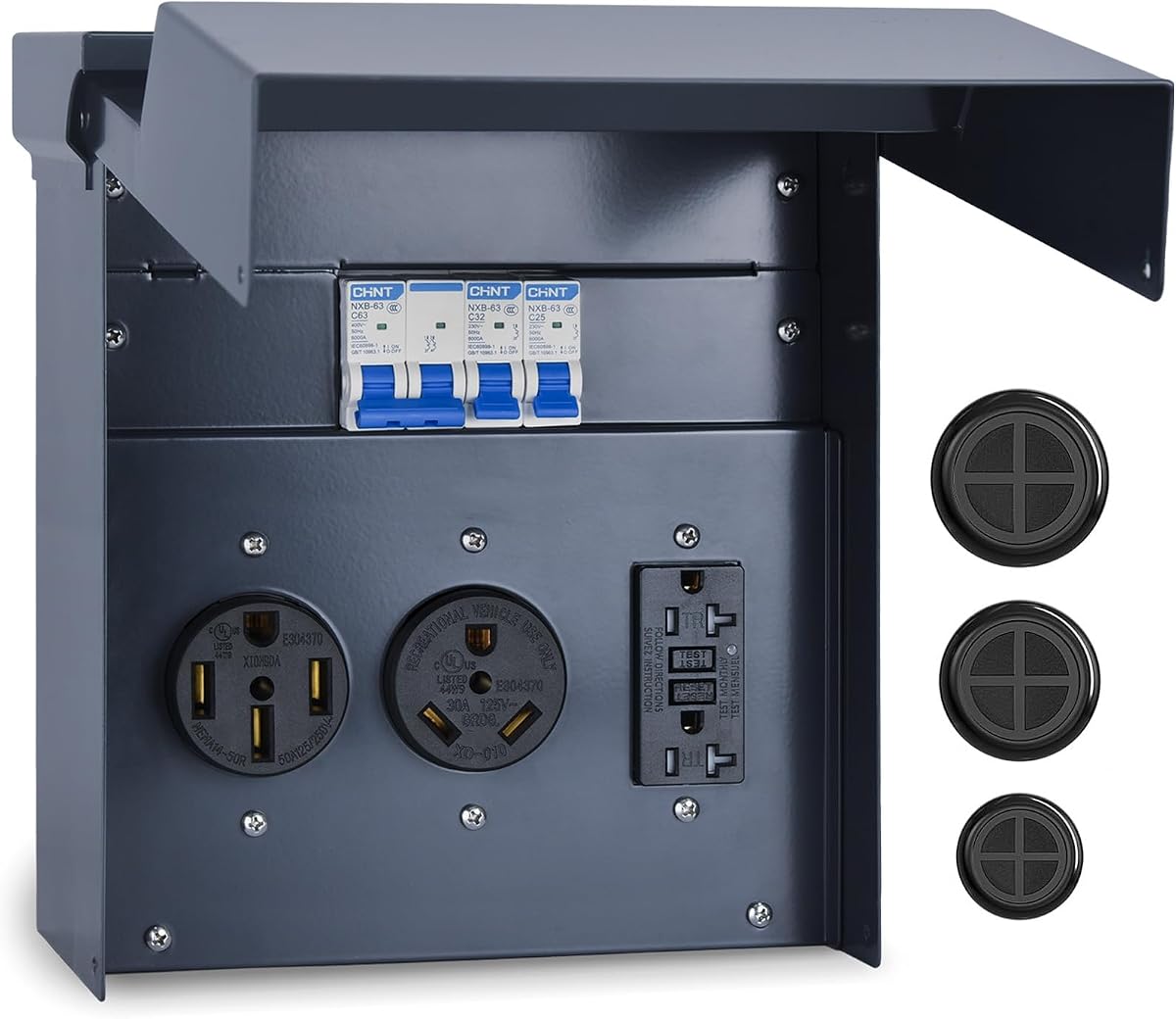 Panel eléctrico para RV con disyuntor, caja de salida temporal para RV, receptáculos UL 50 30 20 Amp, caja de metal resistente a la intemperie para exteriores, fácil configuración para campistas, remolques de viaje, casas móviles (azul)