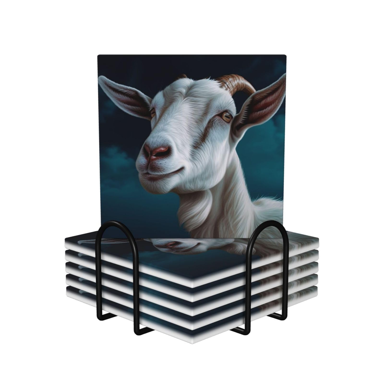 6Pcs Ceramics Coaster for Drinks, Goat Cup Coasters with Holder, Aesthetic Drink Coasters for Coffee Table, Absorbent Round Coaster for Tabletop Protection 4" Cup Mat Pad