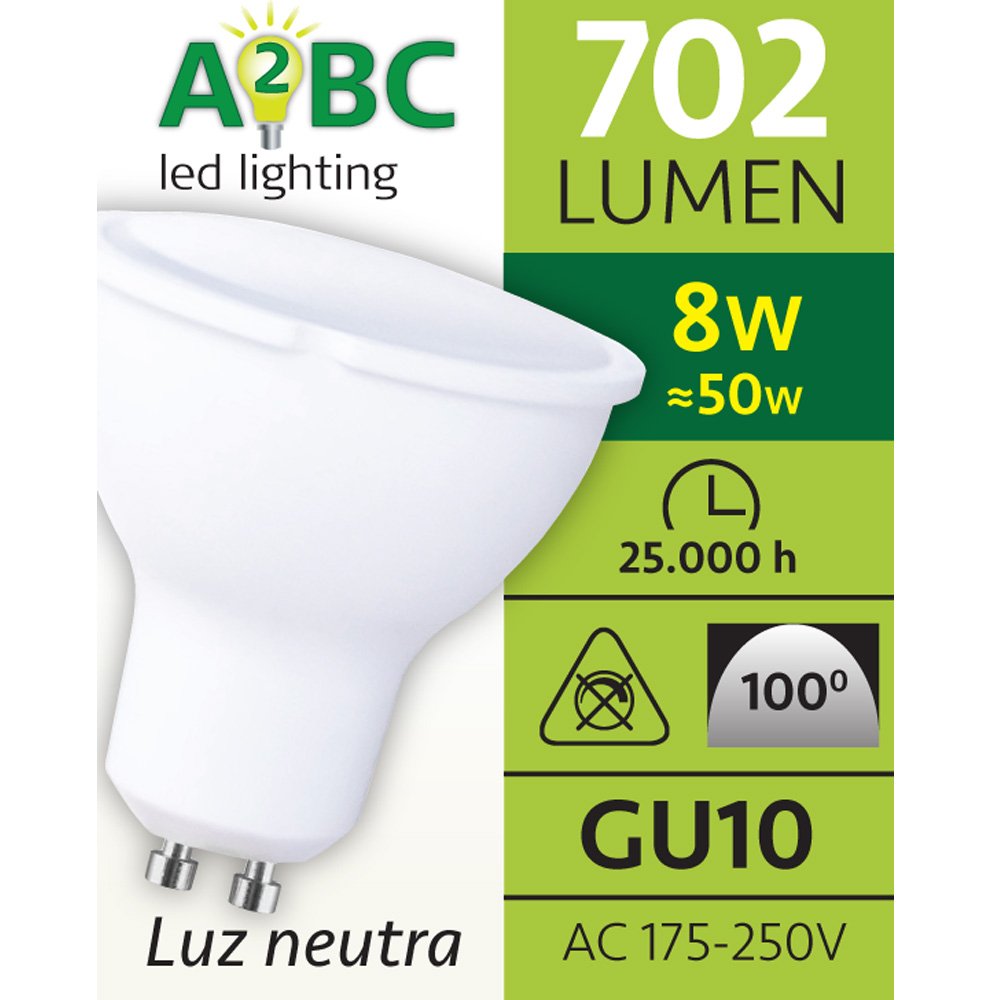 Pack 10 x Bombilla LED GU10 8W (equivalente a 50W) Luz neutra (4000K) no dimmable. GU10. 702 Lm. 25000 horas de vida. Encendido ultrarrapido (encendido al 100% en 0,5 sg).
