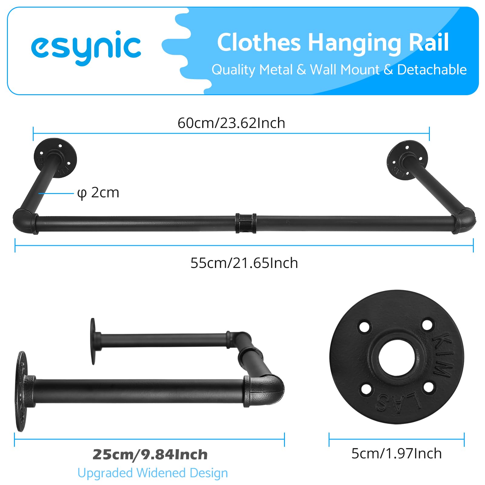 eSynic 60cm Wall Mounted Clothes Rail Popular Black Industrial Pipe Wall Clothes Rail Durable Metal Clothing Rack - Image 2