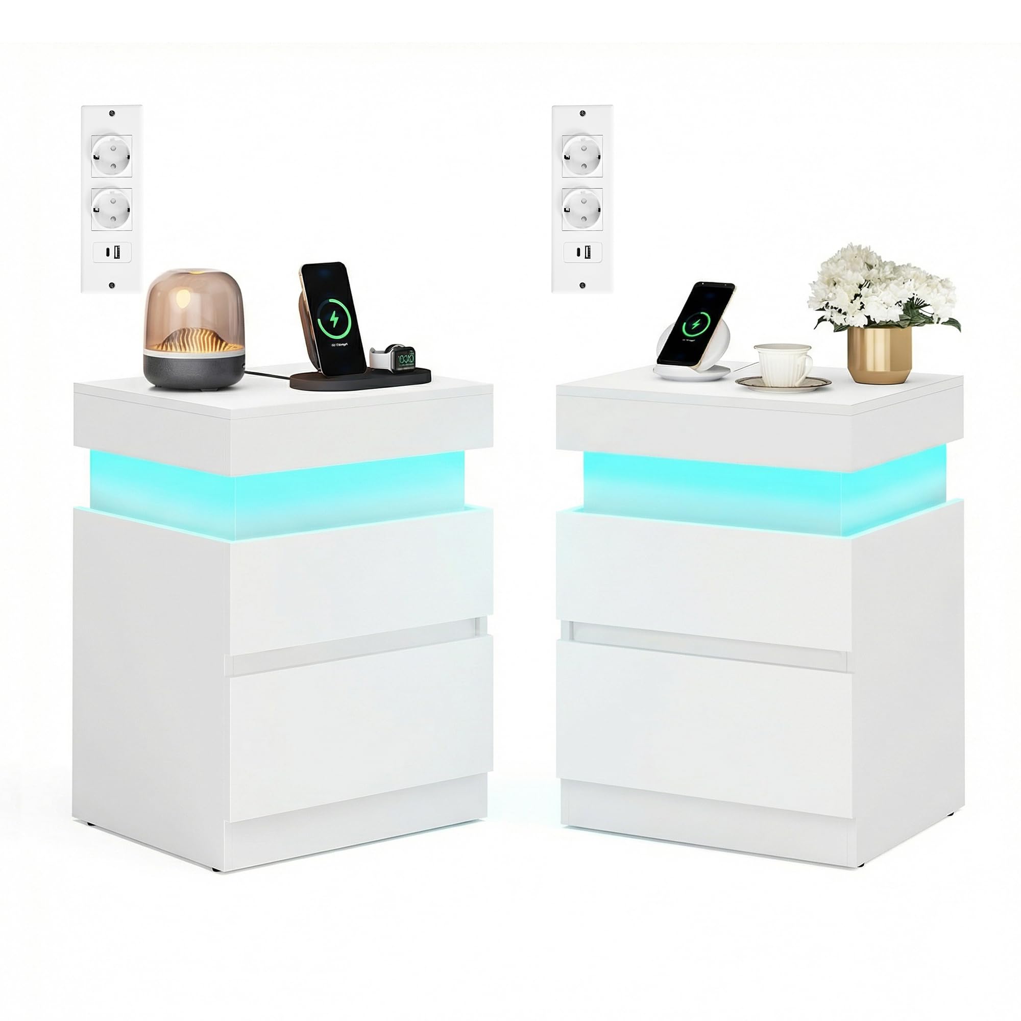 VASAGLE Kailyn Collection - Table de Chevet, Lot de 2, avec Multiprise, Couvercle Coulissant, 2 Tiroirs, Bande LED, Petite Table d’Appoint, Style Moderne, 35 x 40 x 55 cm, Blanc Neige LET840WB01