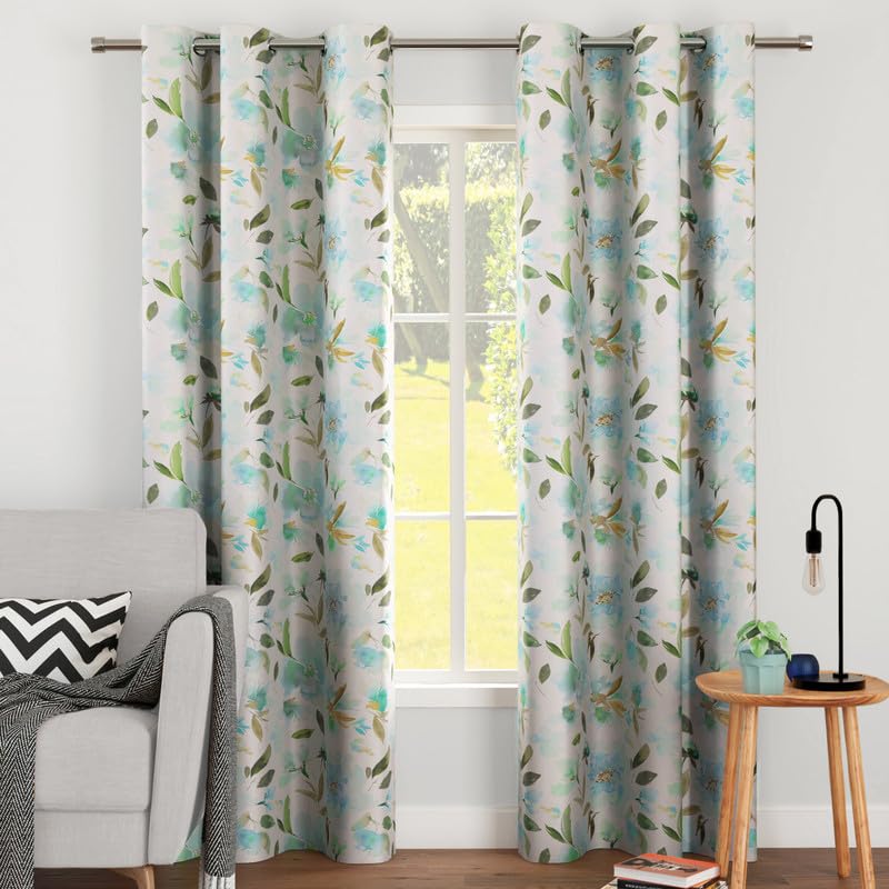 Encasa Homes Door Cortinas (7 ft, 2 Paneles, 113x213 cm) I Semiopacas 85% Oscurecimiento de la habitación i Estampados Florales y geométricos I 6 Ojales I Reductores de Sonido y Calor - F1 Aqua