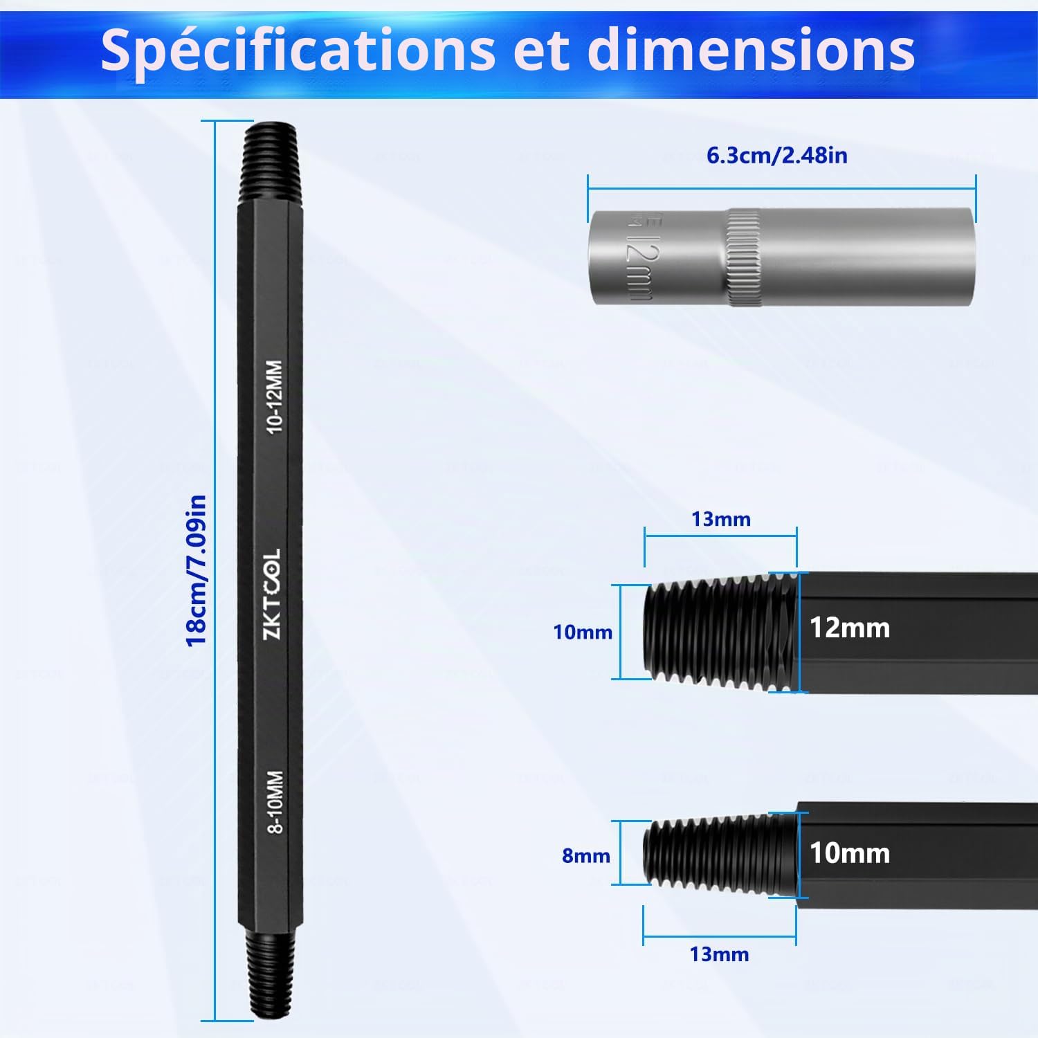 ZKTOOL 8~12MM pour l'Extraction de Bougies d'Allumage Cassées, Kit d'Extracteurs de Tarauds, Utilisé pour Retirer Les Bougies d'Allumage Bloquées ou Endommagées, avec Douille de 12 MM