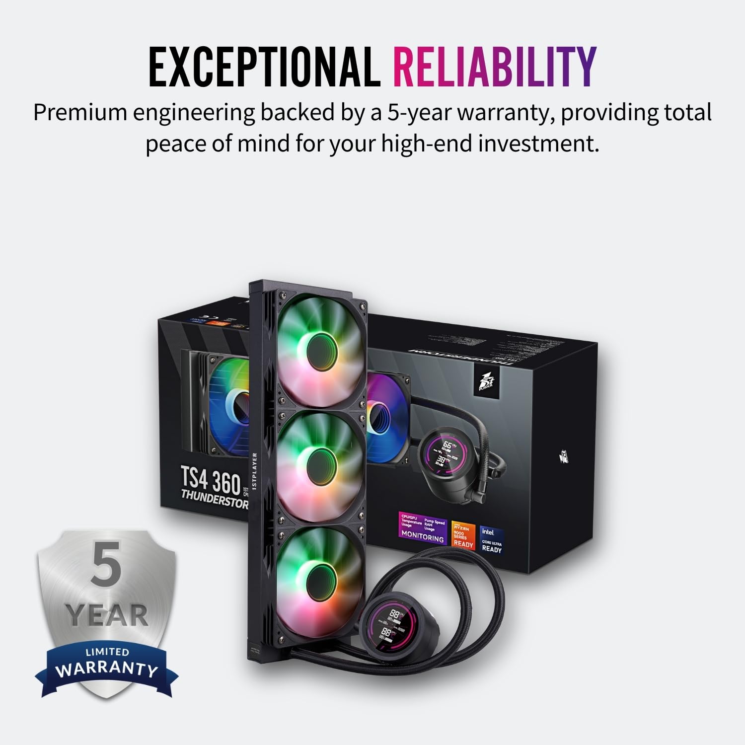 1ST PLAYER TS4 ARGB - Sistema di raffreddamento a liquido per CPU ARGB AIO, 360 mm, con display digitale, luce ARGB, 300 W TDP|PWM 3000 giri/min per AMD AM4/AM5, Intel LGA 115X/1200/1700/1851 (360 mm