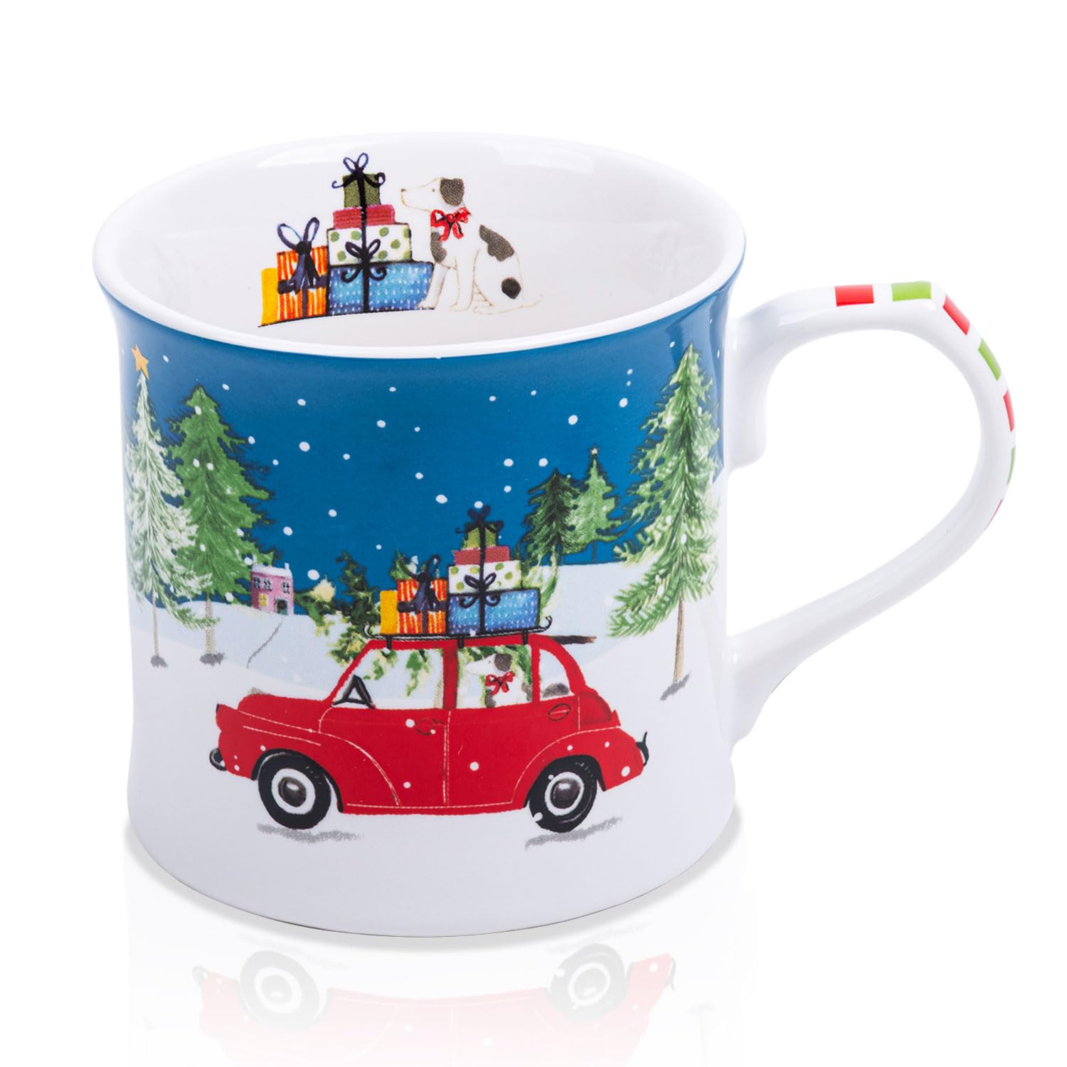 12 oz Christmas Car Coffee Mug, Festive New Bone China Mug with A Red Beetle in Snowy Winter Scene, Holiday Gift for Car Lovers, Kids &amp; Family, Designed in England by Harvest Green Studio