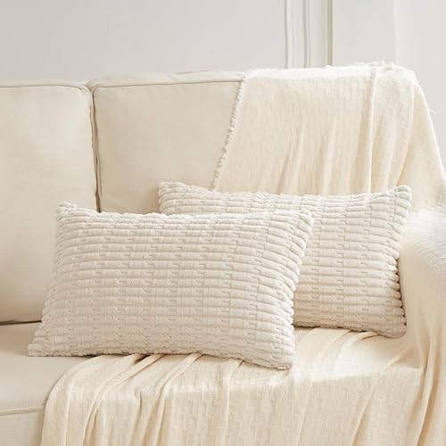 Fancy Homi 2 Packs Cream Lumbar Decorative Throw Pillow Covers 14x24 Inch for Living Room Couch Bed Sofa, Rustic Farmhouse Boho Home Decor, Soft Striped Corduroy Rectangle Cushion Case 35x60 cm