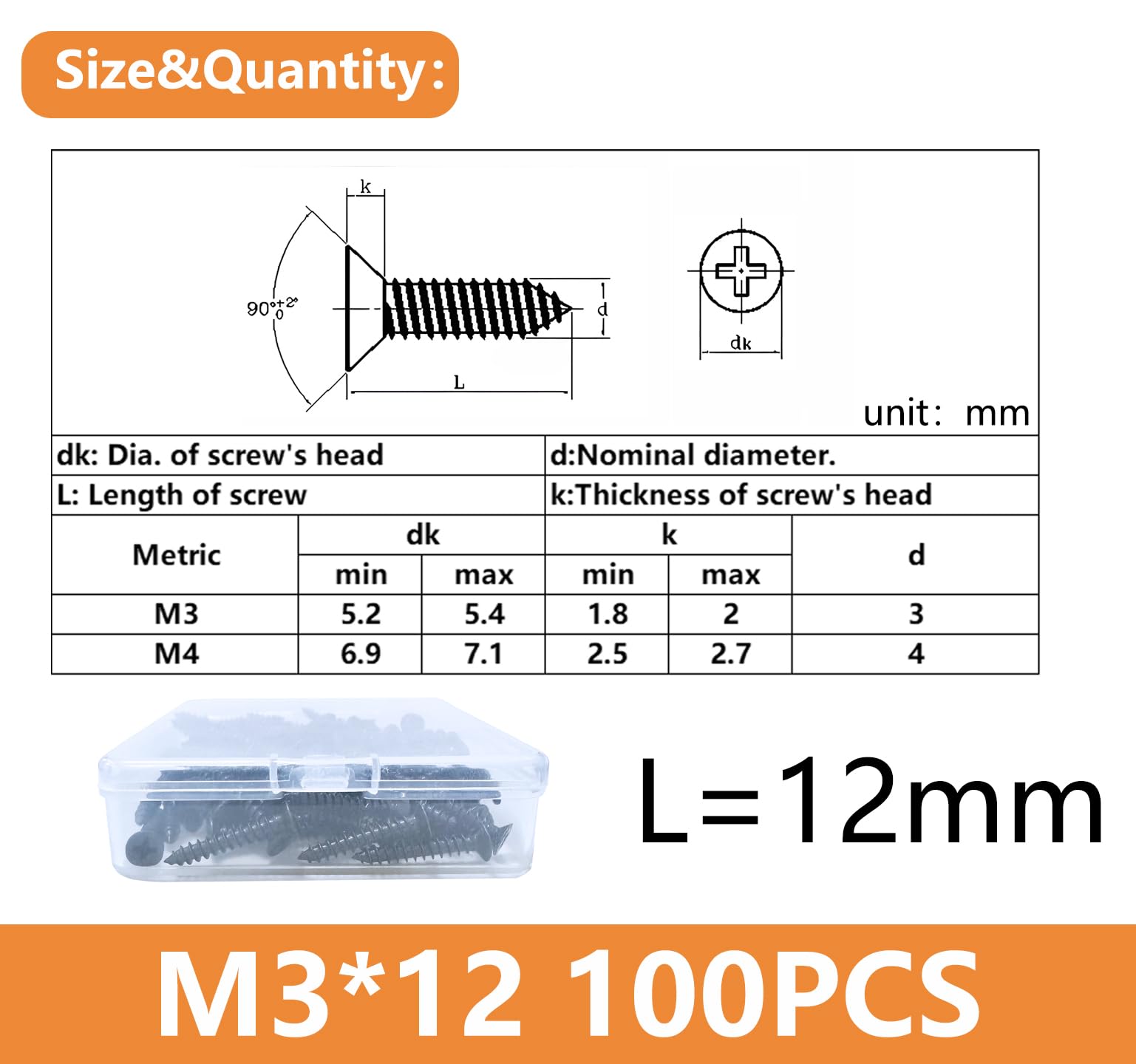 Black Self Tapping Screws for Wood,100pcs M3 x 12mm 304 Stainless Steel Flat Head 10mm screws for Furniture and Drywall (M3 x 12mm 100PCS) - Image 2