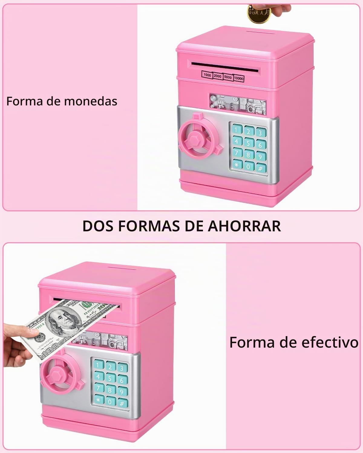 Caja Fuerte Niños,Hucha electrónica,Hucha Cajero Automatico,con Bloqueo de Contraseña & Automático de Dinero,Juguete Divertido Regalo Hucha Caja Fuerte para Monedas y Billetes Rosa