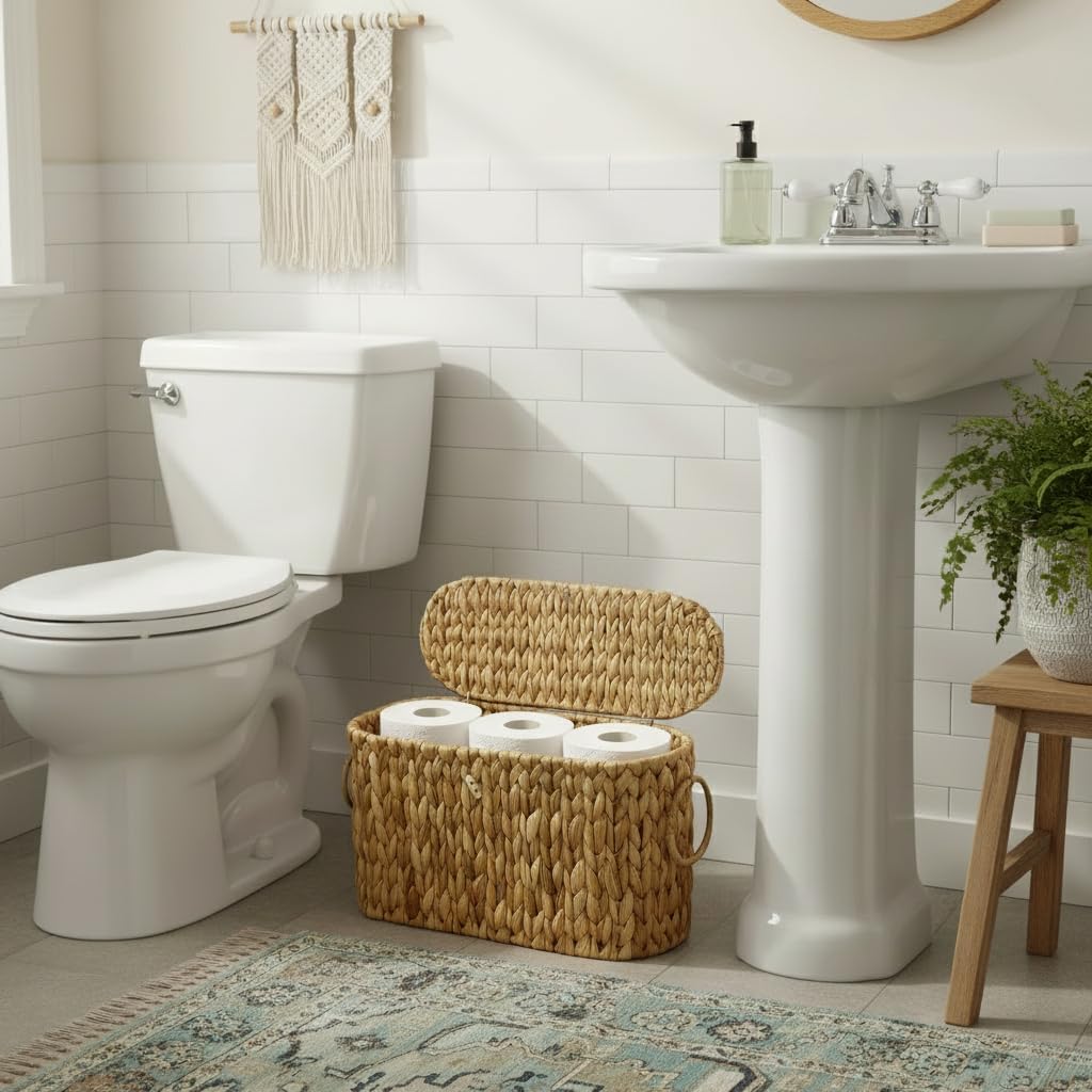 Toilet Paper Basket with Lid,Wicker Basket for Bathroom Organizers and Storage,Holds Up to 6 Mega Rolls, Decorative Hand-Woven Rattan Bathroom Decor Accessories,Natural Water Hyacinth - Image 2