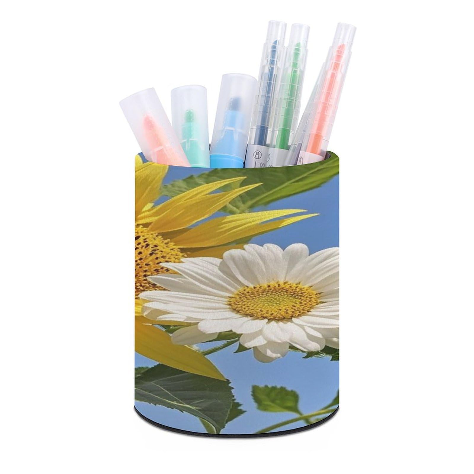 FekiLoot Round Bees Sunflowers Daisy Rose Flowers Pen Holder for Desk PU Leather Waterproof Pencil Cup Stand Minimalist Makeup Brush Storage Organizer Desktop Stationery Container Accessorires