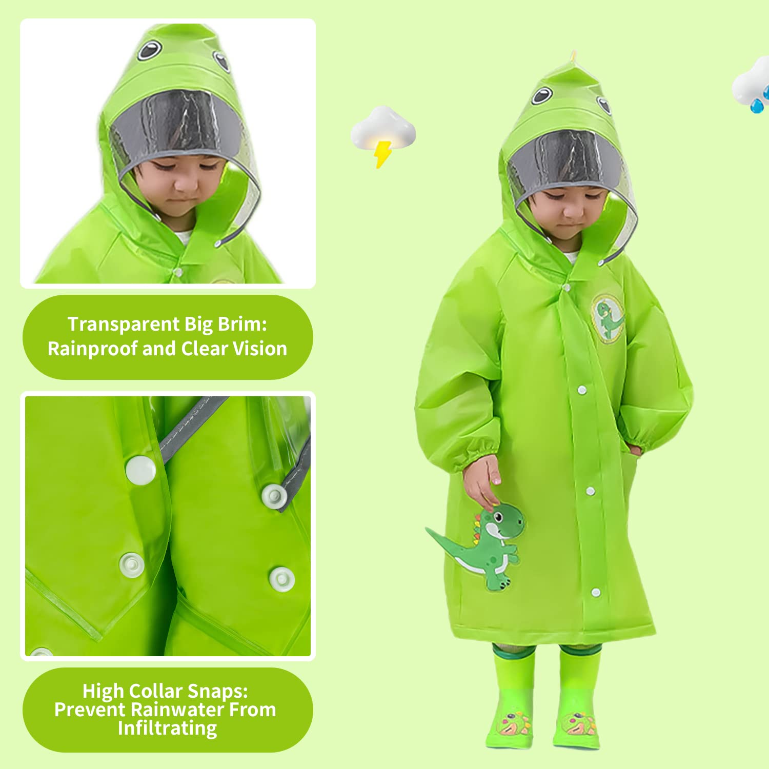 Volunboy Bambini Poncho Pioggia con Cappuccio, Impermeabile Mantella Antipioggia Bambino Riutilizzabile Cappotto di Pioggia Giacca