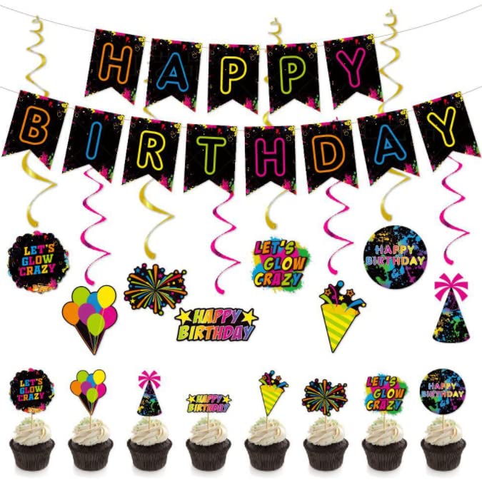 Dusenly Neon Glow Party Banner Neon Birthday Party Bunting Let's Glow Crazy Swirls Hanging Decorations Cupcake Toppers Supplies