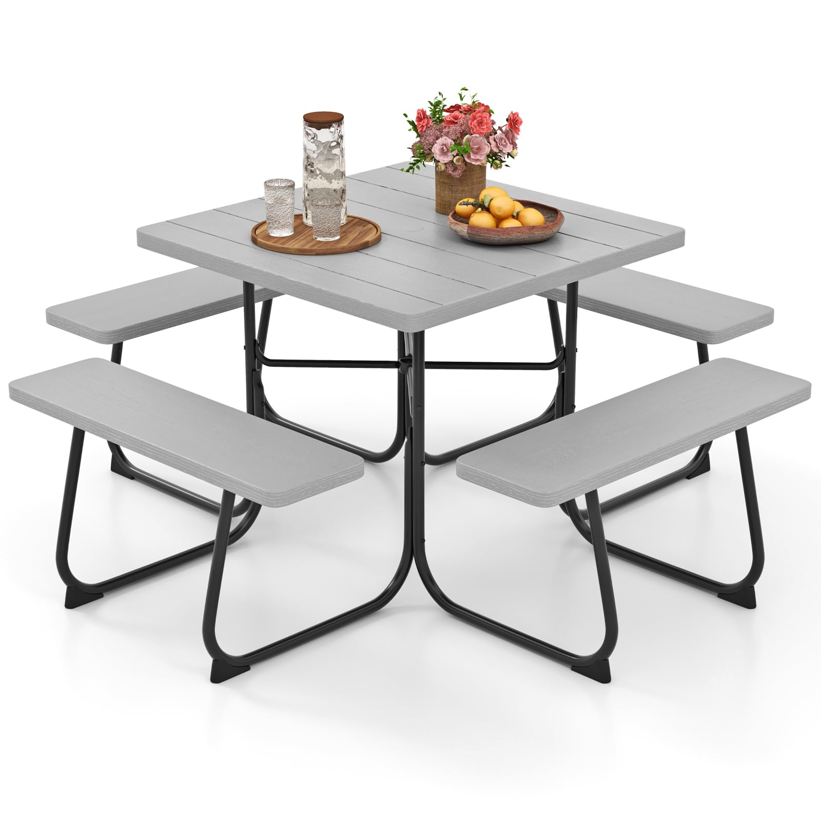 HAPPYGRILL 4-8 Person Square Picnic Table Bench Set with Umbrella Hole, Outdoor Camping Table with HDPE Material and Sturdy Metal Frame for Patio,