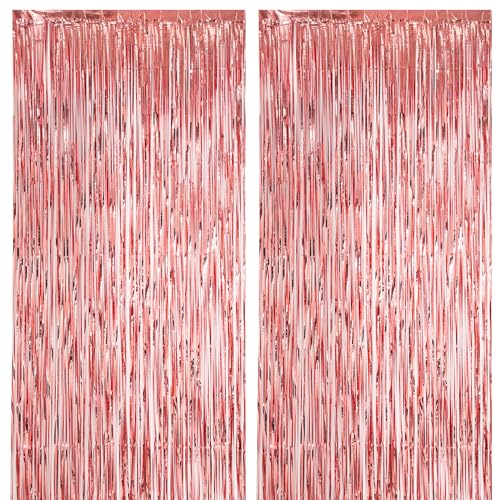 Voircoloria 2 Pack Rose Gold Foil Fringe Backdrop Curtains, Tinsel Streamers Birthday Party Decorations, Fringe Backdrop for Graduation, Baby Shower, Gender Reveal, Disco Party