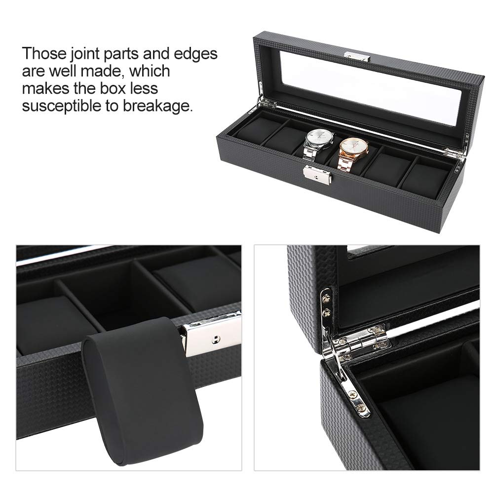 Boîte de montre, 6 grilles boite montre PU support de montre en cuir de fibre de carbone montre-bracelet vitrine boîte de rangement de bijoux pour affichage de montre magasin de détail et stockage