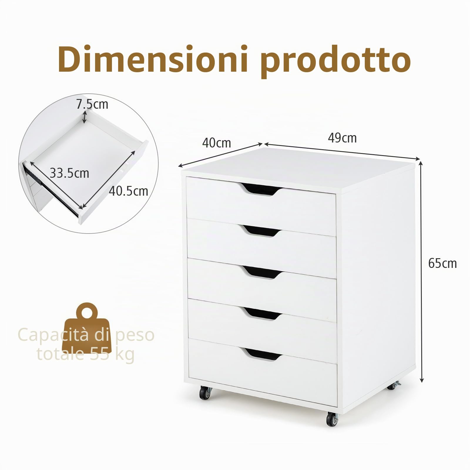 KOMFOTTEU Cassettiera a 5 cassetti con maniglie nascoste, cassettiera mobile con 2 ruote bloccate, cassettiera in legno, per ufficio, soggiorno, 49 x 40 x 65 cm, bianco