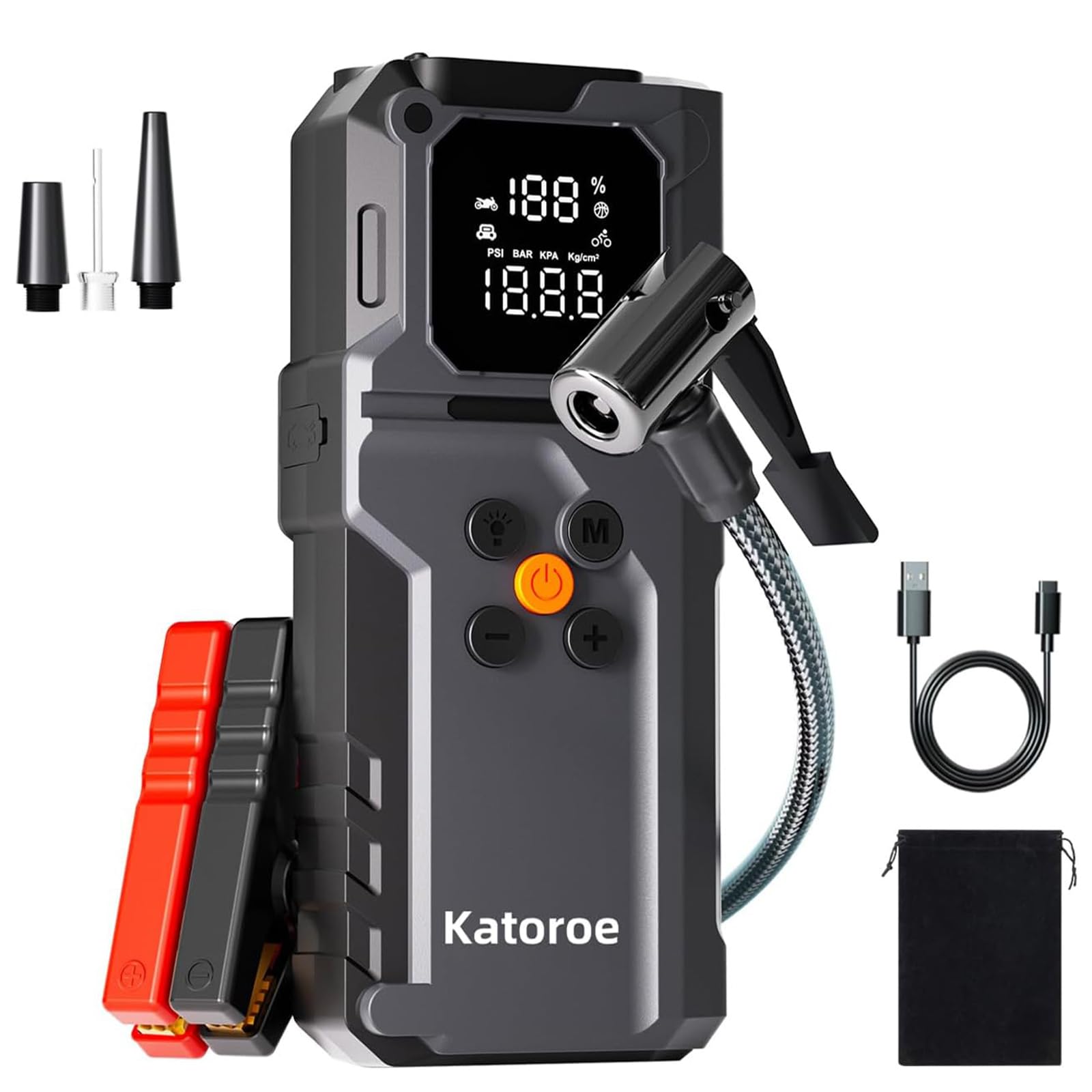 KATOROE Starthilfe Powerbank für Pkw mit Kompressor 150PSI, 4000A Auto Starthilfe Bis zu All Benzin und 9.0L Dieselmotor mit LCD & Multifunktions-Taschenlampe