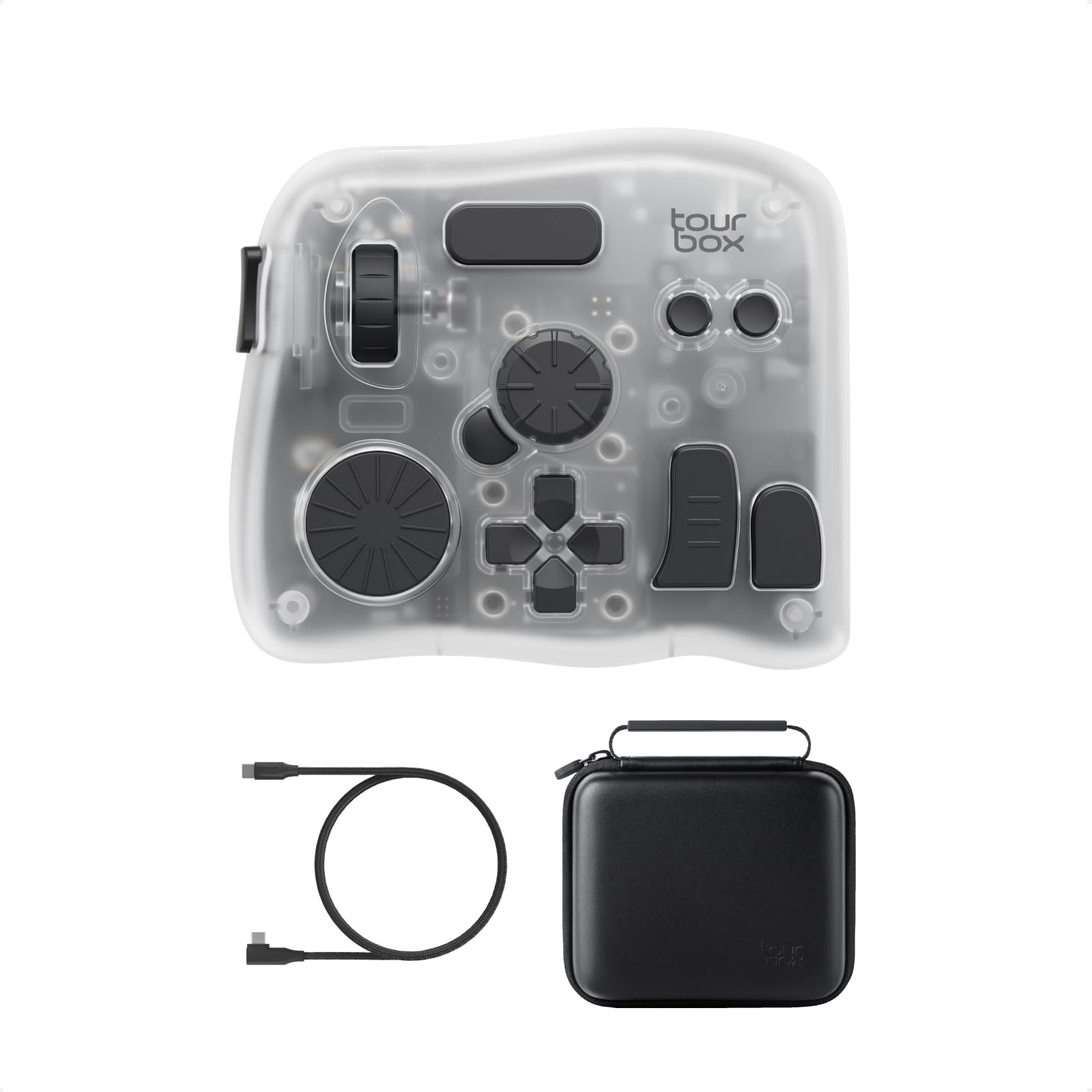 TOUR BOX Elite Plus All-in-Creative Controller, Bluetooth Keyboard for Photo &amp; Video Editing, Color Grading, Illustration, Works with Procreate, Adobe &amp; Davinci, Cable Bag Included (Ice Translucent)