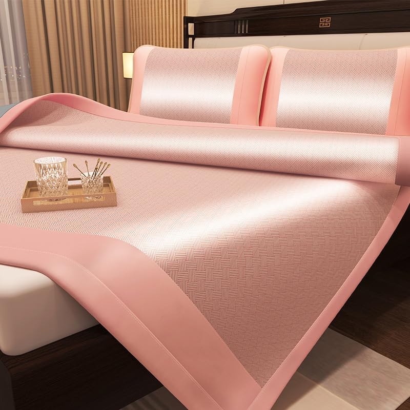 SLYHHZHMY Summer Sleeping Pad Ice Rattan Mat 3 Piece Set (1 Mattress + 2 Pillowcases) Summer Ice Silk Mat Washable Cooler Mattresses (Powder, 59 * 78in/150 * 200cm)