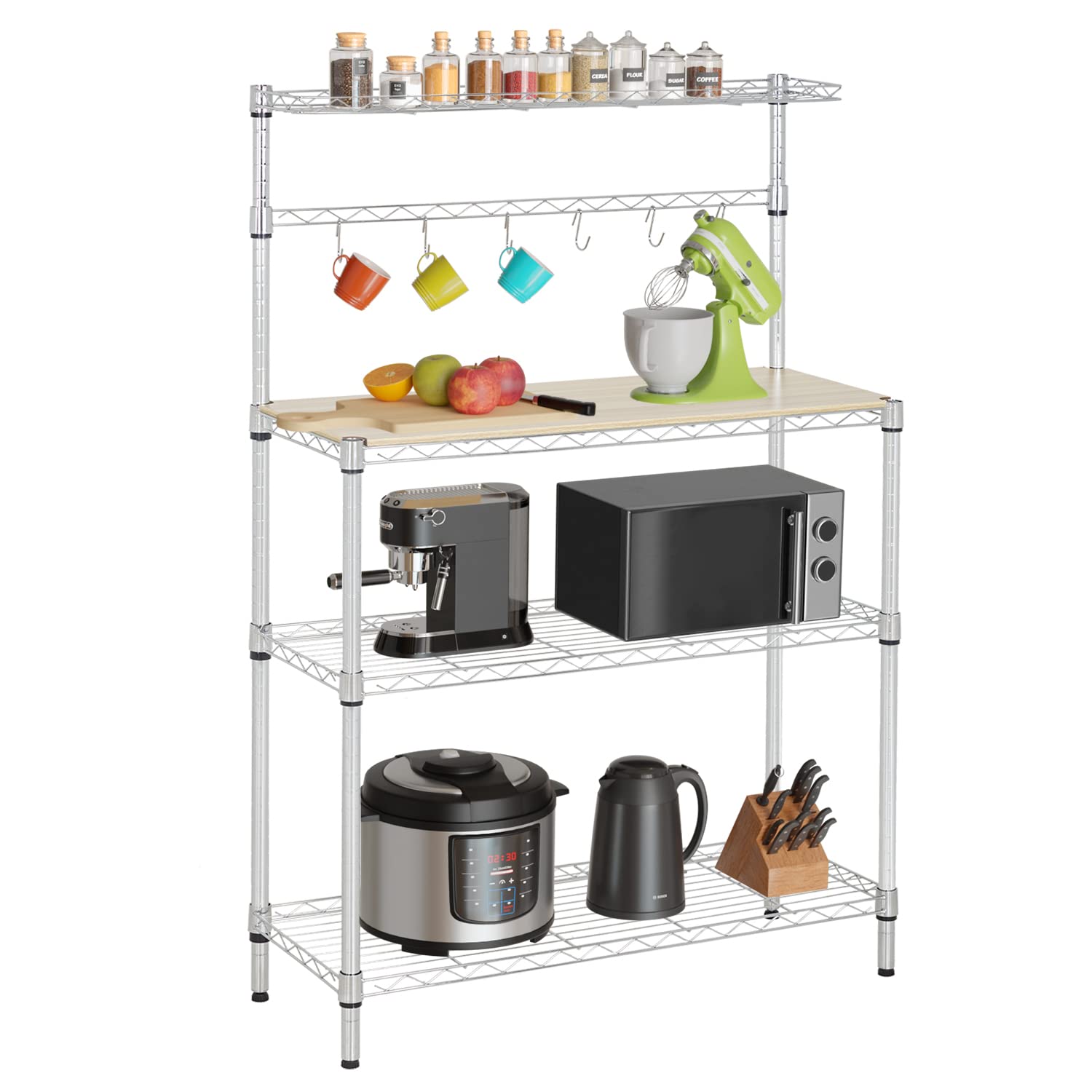 Metal Baker's Rack Organizer Stand Shelf Kitchen Microwave Cart Storage Countertop Dorm Microwave Stand Kitchen Storage Shelving with Cutting Board Microwave Shelf Hooks for Kitchen NSF Certification