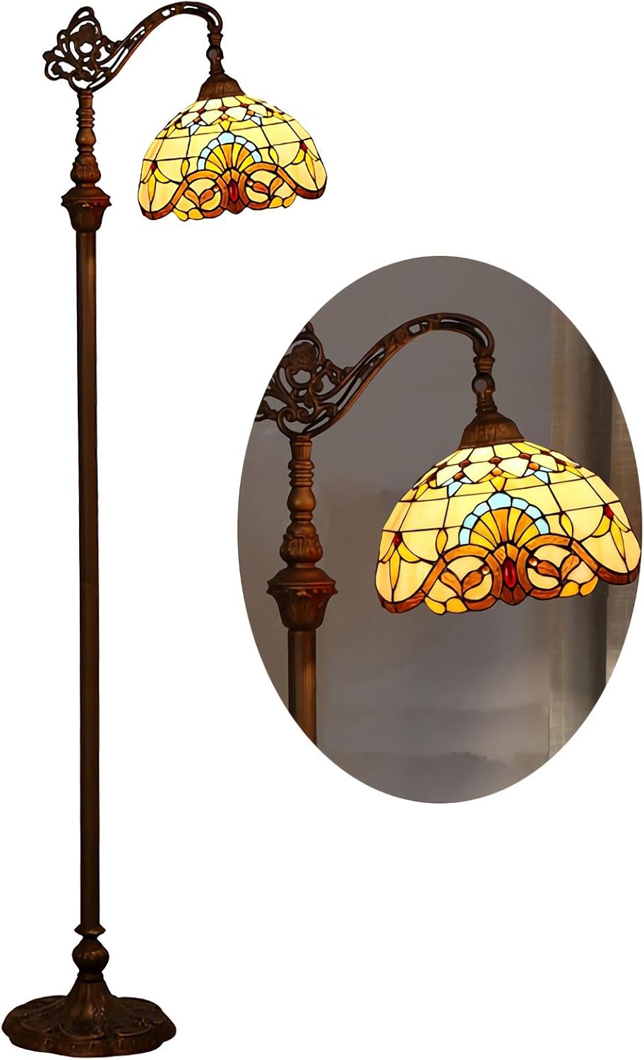 Tiffany Style Floor Lamp with Remote Control, 1Light, Stained Glass Antique Vintage Reading Standing Light for Living Room Bedroom Coffee Table Set Gifts,16 Inch Lampshade and 63 Inch Tall,10