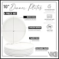 Vista 5 de Vikko Plato llano, juego de 6 platos blancos, elegante porcelana de hueso con borde elevado, platos llanos apilables de 10 pulgadas, apto