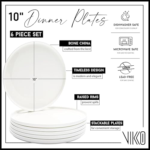Miniatura 5 de Vikko Plato llano, juego de 6 platos blancos, elegante porcelana de hueso con borde elevado, platos llanos apilables de 10 pulgadas, apto para