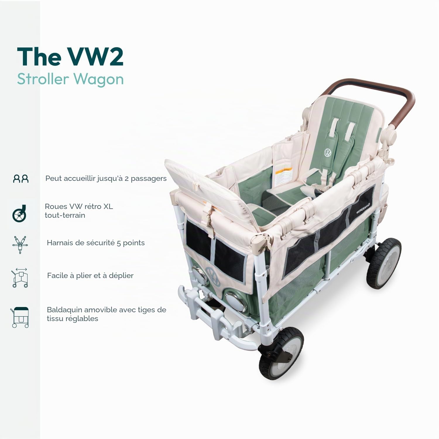 WonderFold VW 2 Volkswagen - Chariot pliable pour enfant (2 places) - Chariot de qualité supérieure pour enfants avec pare-chocs VW, phares fonctionnels et roues XL tout-terrain - Vert sauge