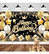 PatiCool Happy Birthday Backdrop Sign,Black and Gold Happy Birthday Banner,Glitter Black Gold Pho...