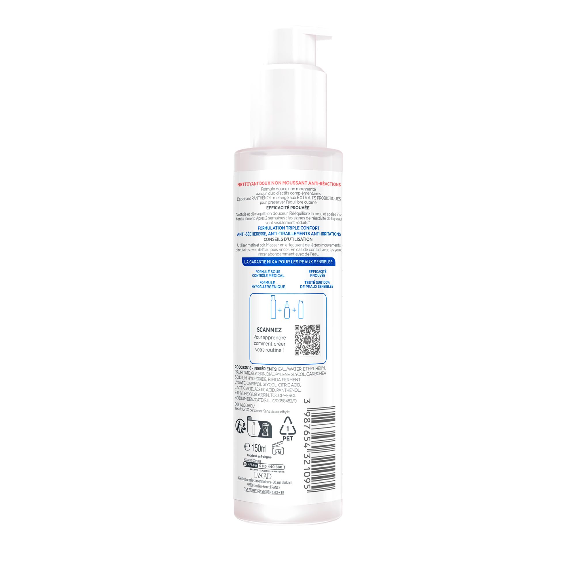 MIXA - Nettoyant Visage Anti-Réactions - Elimine les Impuretés Sans Agresser - Non Moussant, Sans Parfum, Sans Savon - Panthénol + Extraits Probiotiques - Tous Types de Peaux Réactives - 150 ml