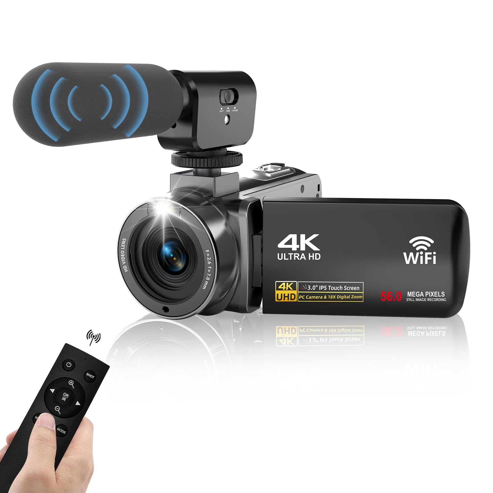 4K Video Camera Camcorder with Microphone, 56MP 18X Digital Zoom 3.0" IPS Touch Screen Handheld Digital Camcorder, 270° Rotation IR Night Vision Vlogging Camera for YouTube