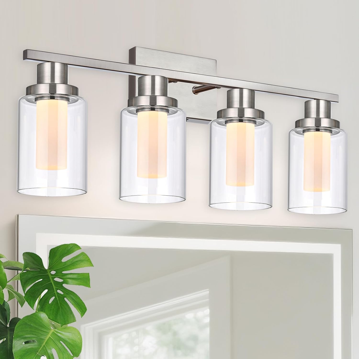 4-Light 5CCT LED Bathroom Light Fixture in Brushed Nickel Finish, Modern Vanity Lighting Over Mirror with Clear Glass & Frosted Colunm