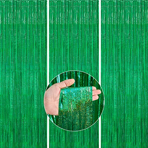 PartyWoo 3 stuks groen gordijn, metallic folie tinsel deur franje voor verjaardag bruiloft foto achtergrond, groen-1295
