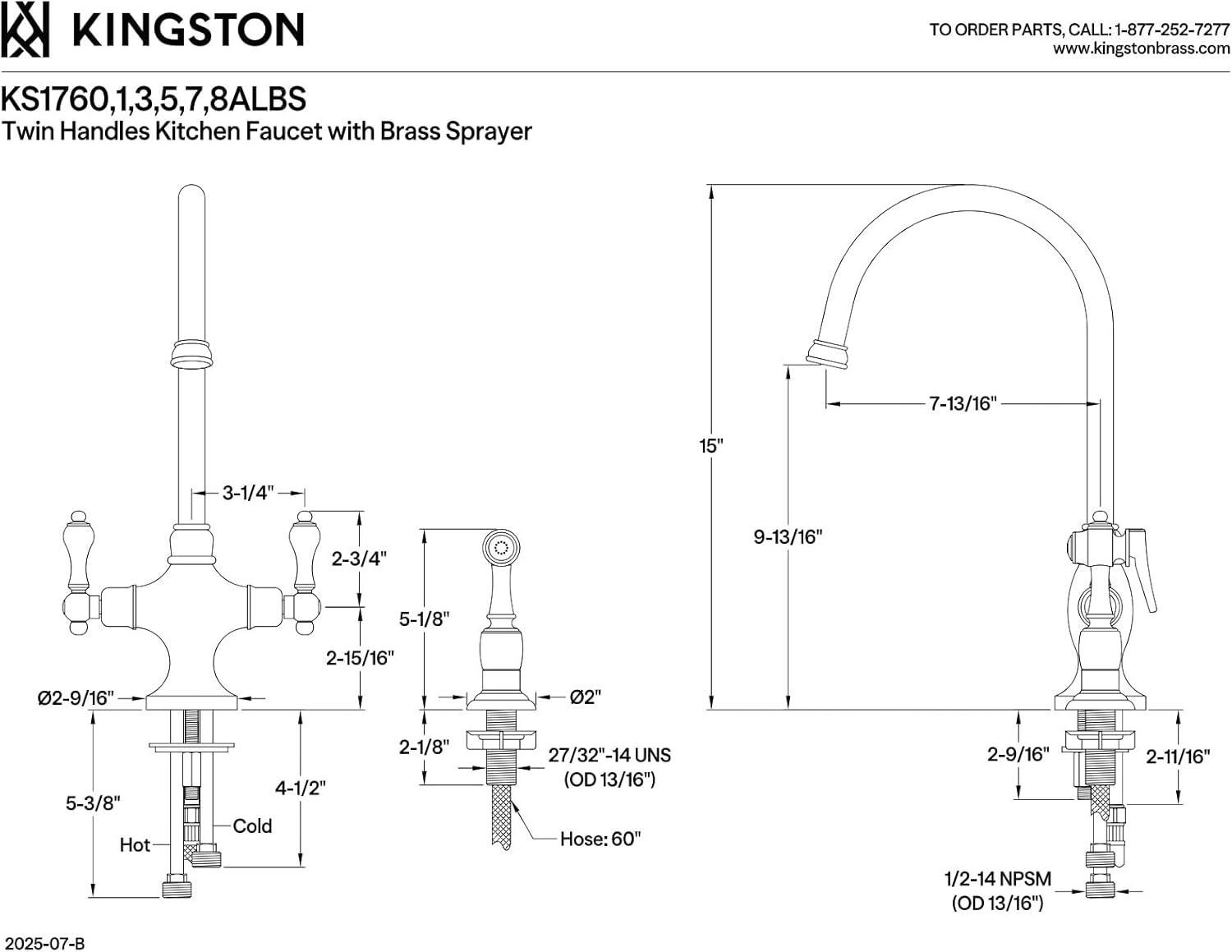 Kingston Brass KS1763ALBS Vintage Two-Handle Kitchen Faucet with Brass Sprayer, Antique Brass