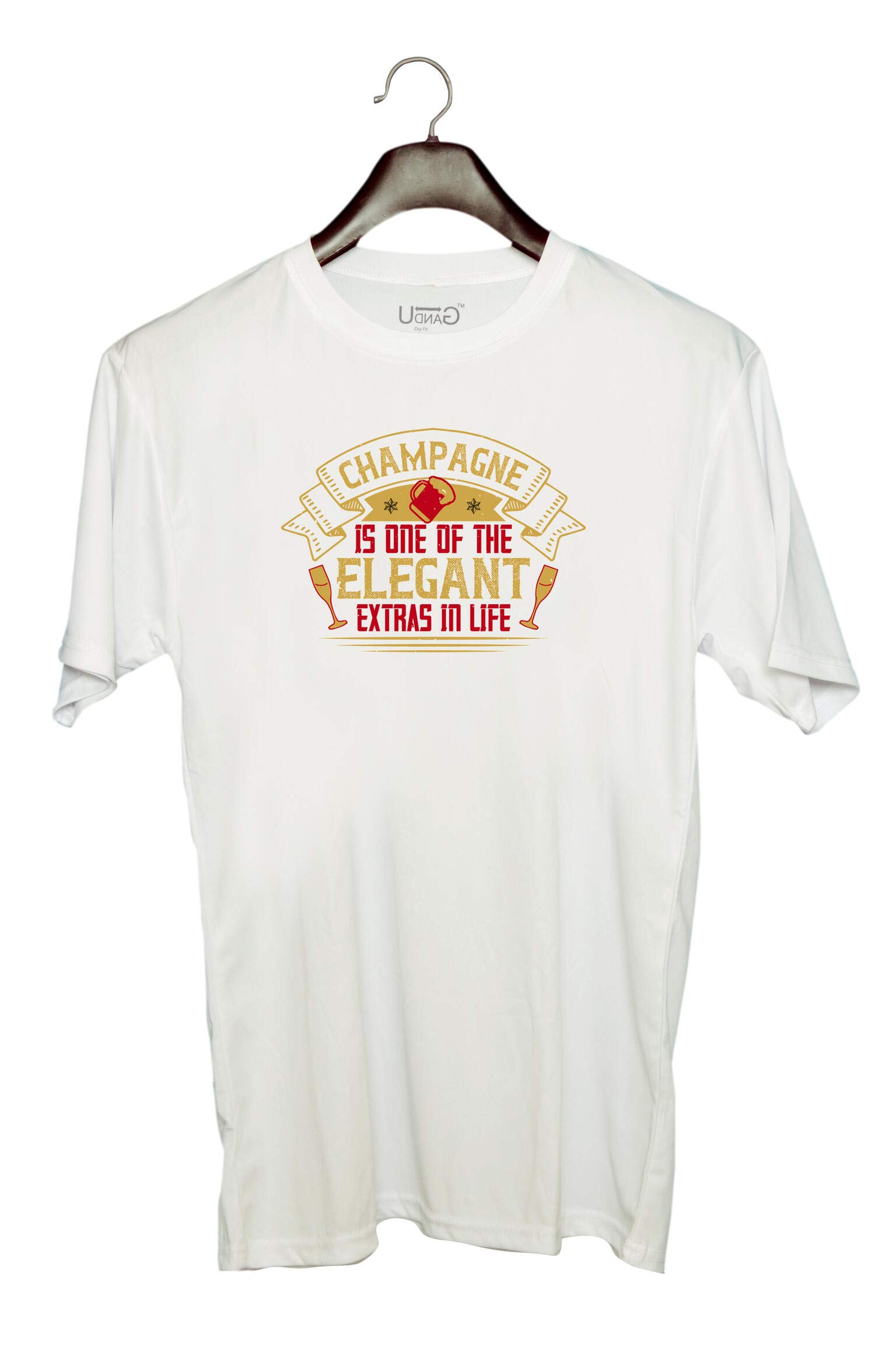 UDNAG Unisex Round Neck Graphic 'Beer, Champagne | Champagne is one of The Elegant Extras in Life 2' Polyester T-Shirt White [Size 2YrsOld/22in to 7XL/56in]