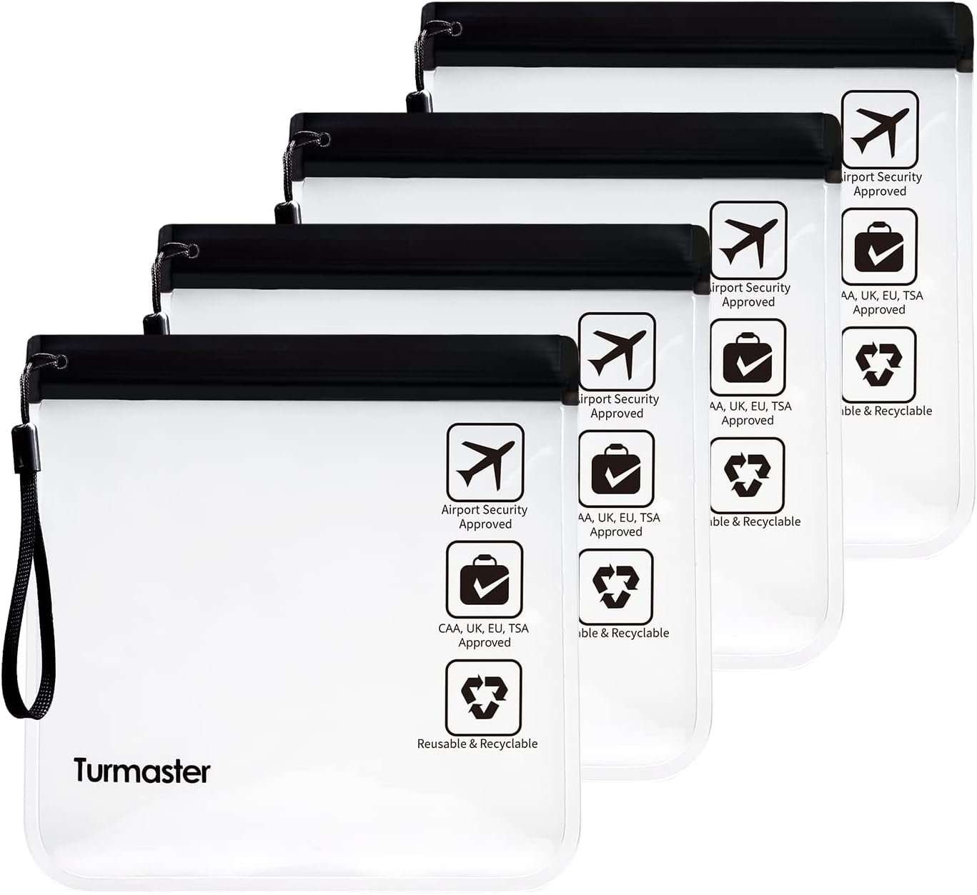 Turmaster 4 Pack TSA Approved Clear Toiletry Bag, Airport Security Approved Liquids Bags 20 x 20cm, Waterproof Travel Clear Makeup Bags and Cosmetic Bag Black with Handle