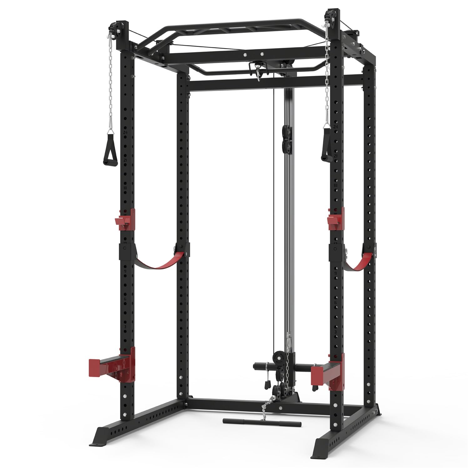 Train Hard® Frei kombinierbare Power Rack Multipresse Kraftstation Smith Maschine mit Hantelbank, Beinpresse, Klimmzug, Latzug, Dip Bar, Rudern, Langhantel und Zubehör Modell 2024