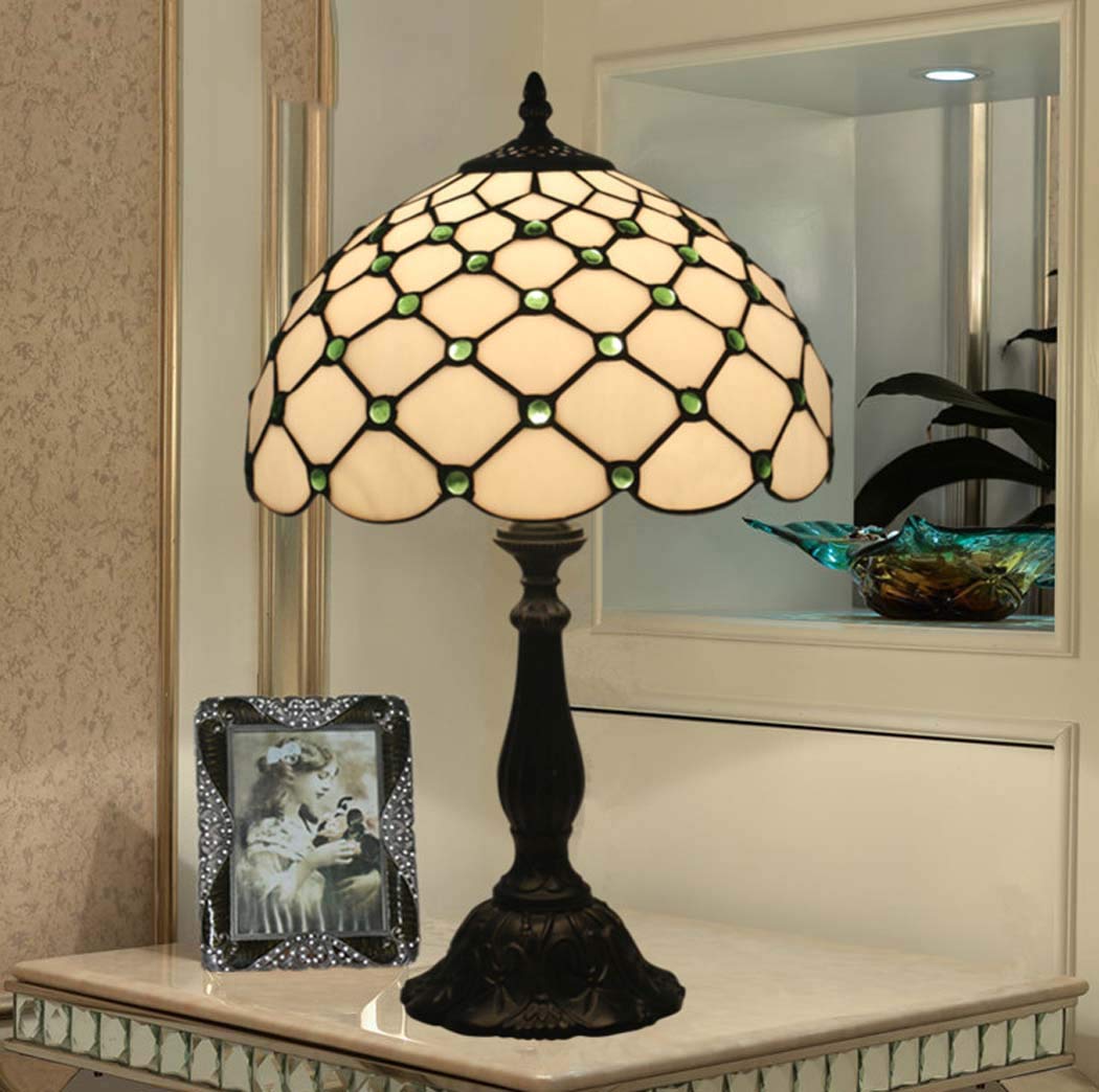 Lampy stołowe w stylu retro Retro Art Stained Glass Oświetlenie 12-calowy witrażowy abażur Lampa biurkowa do salonu Sypialnia Nocna lampka nocna, 110~240 V, E27 (30 * 49 cm), złoto, podstawa ze