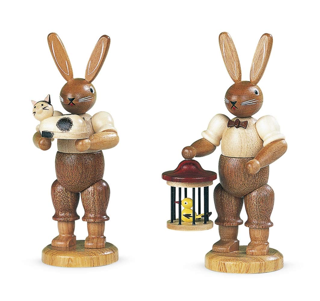 Müller Osterhase Hasenmann mit Katze, 11 cm hoch, Natur, original Erzgebirge Seiffen