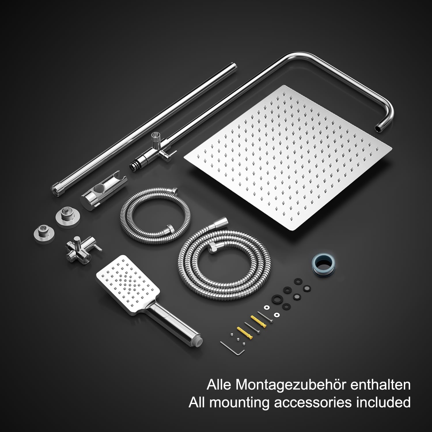 Görbach Colonna Doccia senza Miscelatore, Colonna Doccia Acciaio Inox con Saliscendi Doccia Altezza Regolabile 74-114cm, Set Doccia a Pioggia con Doccetta e Mensola, Soffione 30x30cm, Cromo