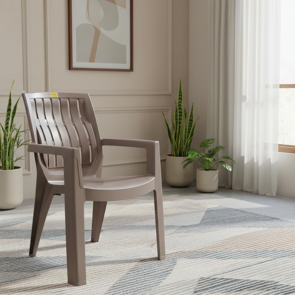 Patiofy Single Plastic Chair for Home & Outdoor Use | Heavy Duty Comfortable Chair with Strong Legs | Stackable, Easy to Clean | Suitable for Living Room, Balcony (Pack of 1-Spino | Choco Cream)-image-18