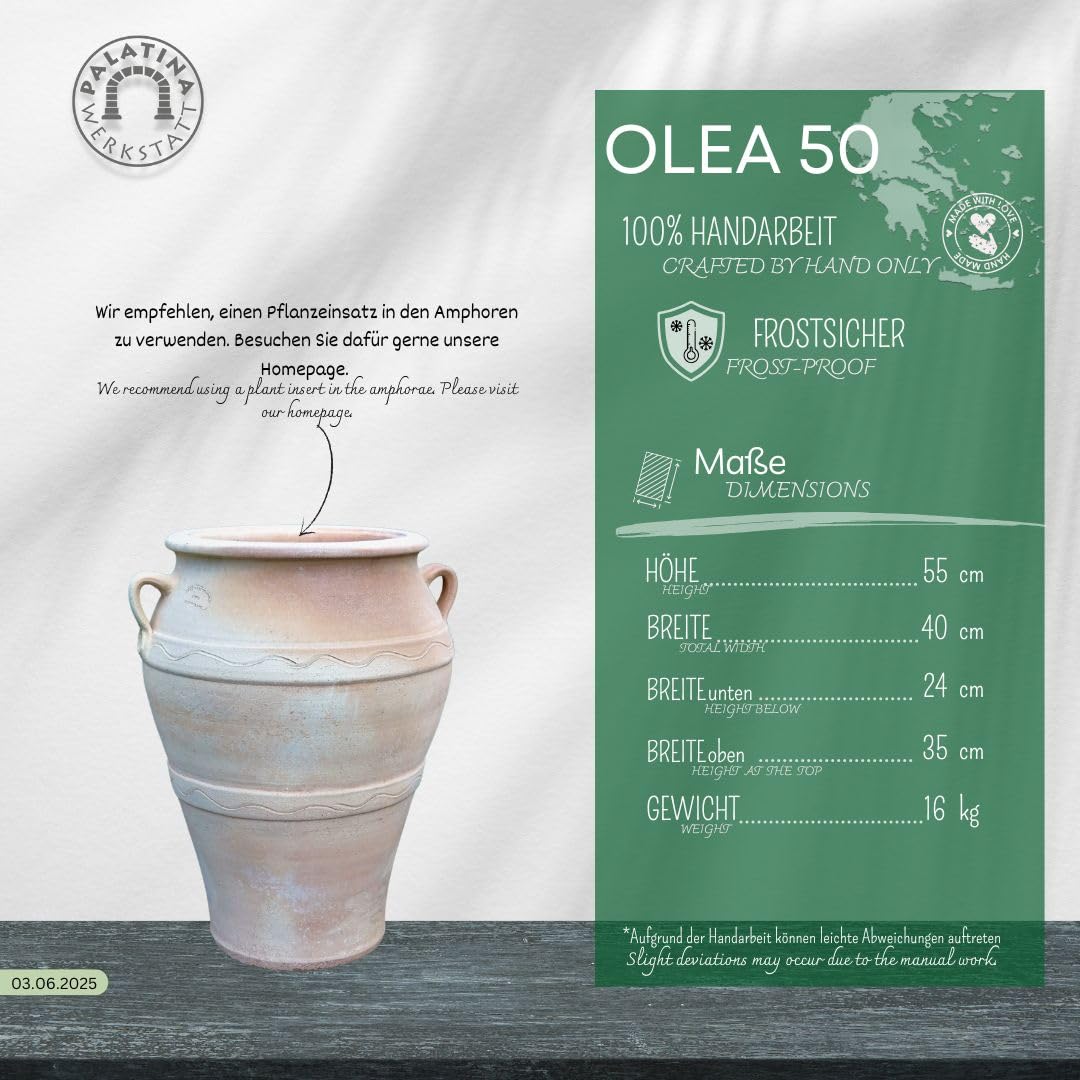 Palatina Werkstatt Anfora in terracotta greca Olea, 50 cm, 100% fatto a mano, ideale per gli amanti del giardino, degli interni e delle anfore