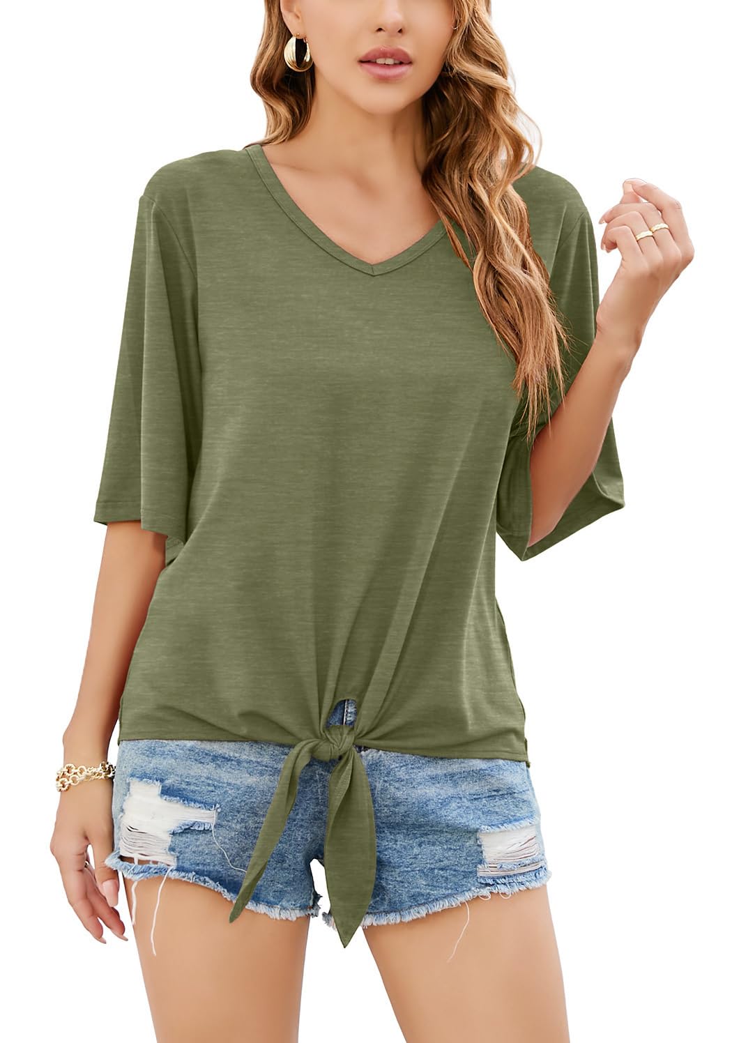 SUEANI Women's Tie Front Tops Summer V Neck 3/4 Bell Sleeve Twist Knot Shirt