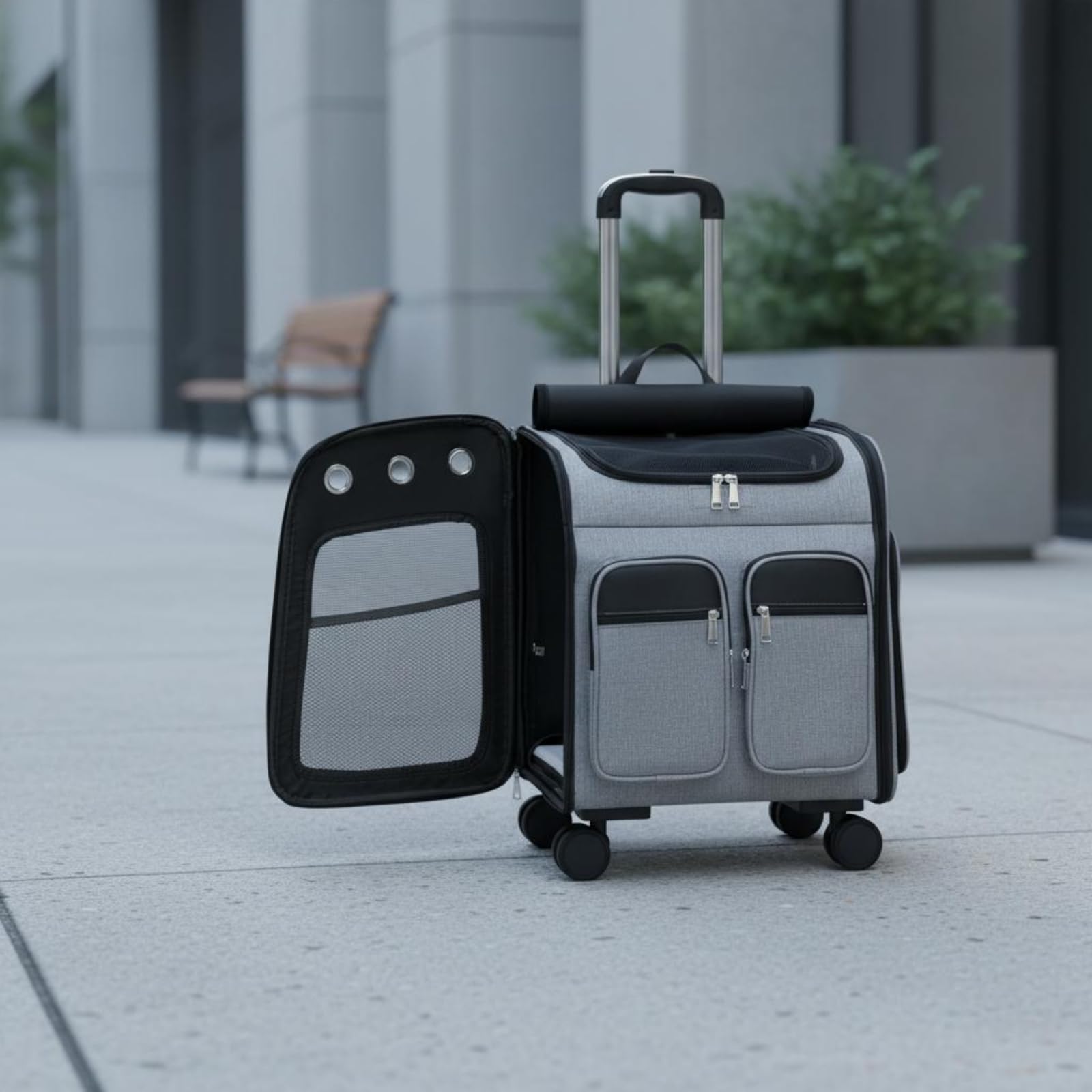 Transportín para Gatos con Ruedas Mochila Carrito y Bolsa Oxford con Paneles de Ventilación Cremallera Apertura y Gran Acceso Adecuado para, Gris, 40.9 Largo X 30 Ancho X 42.9 Alto Cm