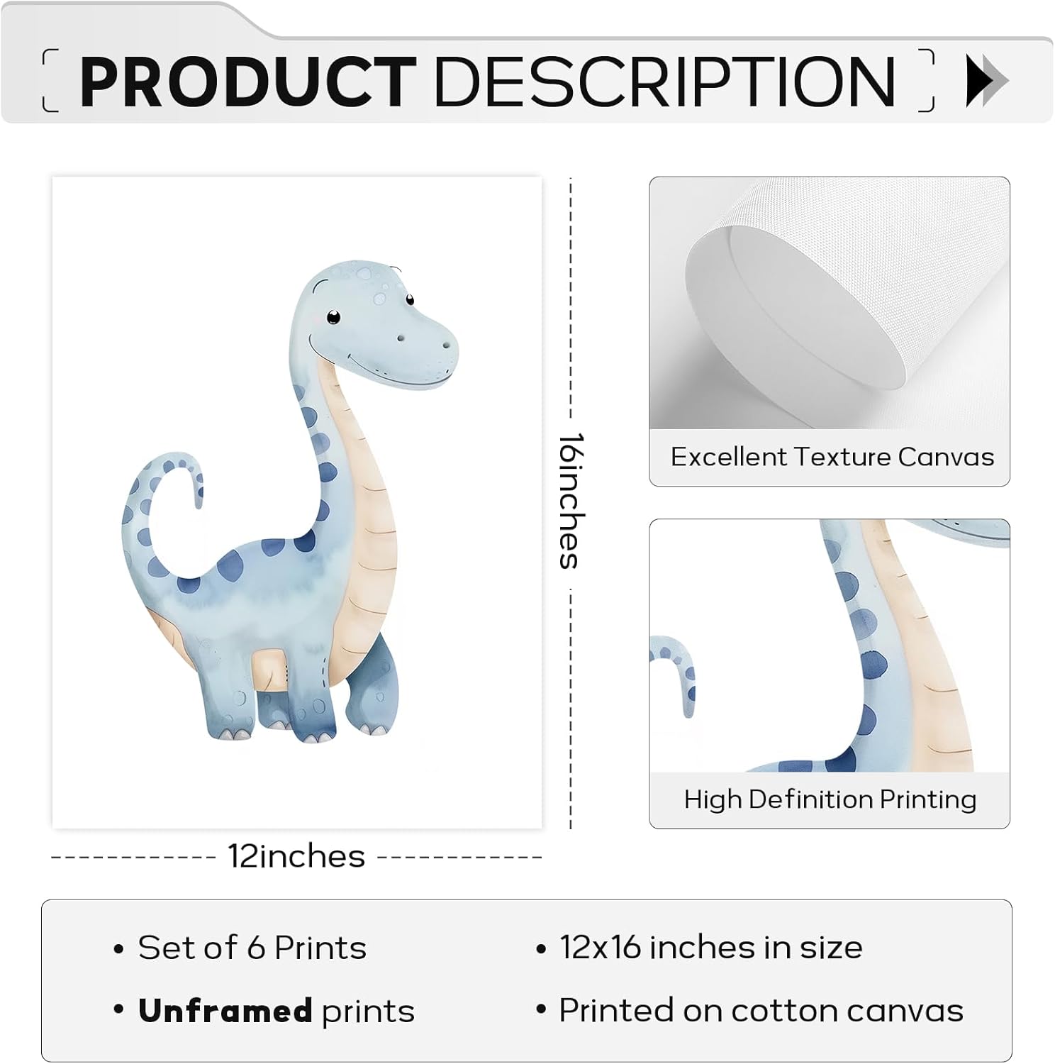 Dinosaur Nursery Wall Art Kids Canvas Poster baby Boy Nursery Wall Decor Watercolor Dino Prints Toddler Pictures cute Dinosaur Themed Artwork painting for Boys Room Bedroom 12x16x6 Inch Unframed